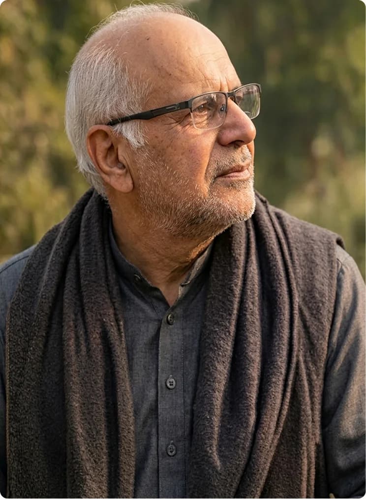 Portrait of Dr. Zubair in a grey shawl