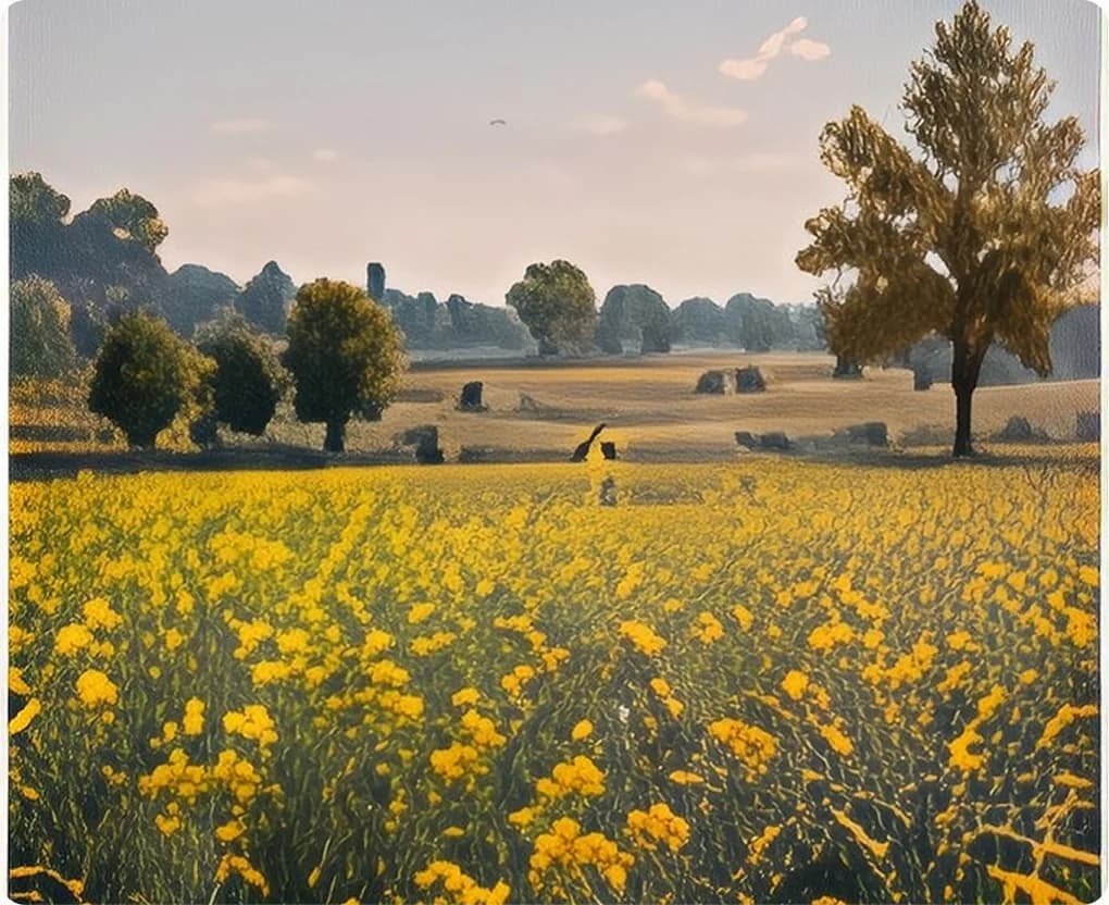 A field of yellow mustard flowers with a lone tree