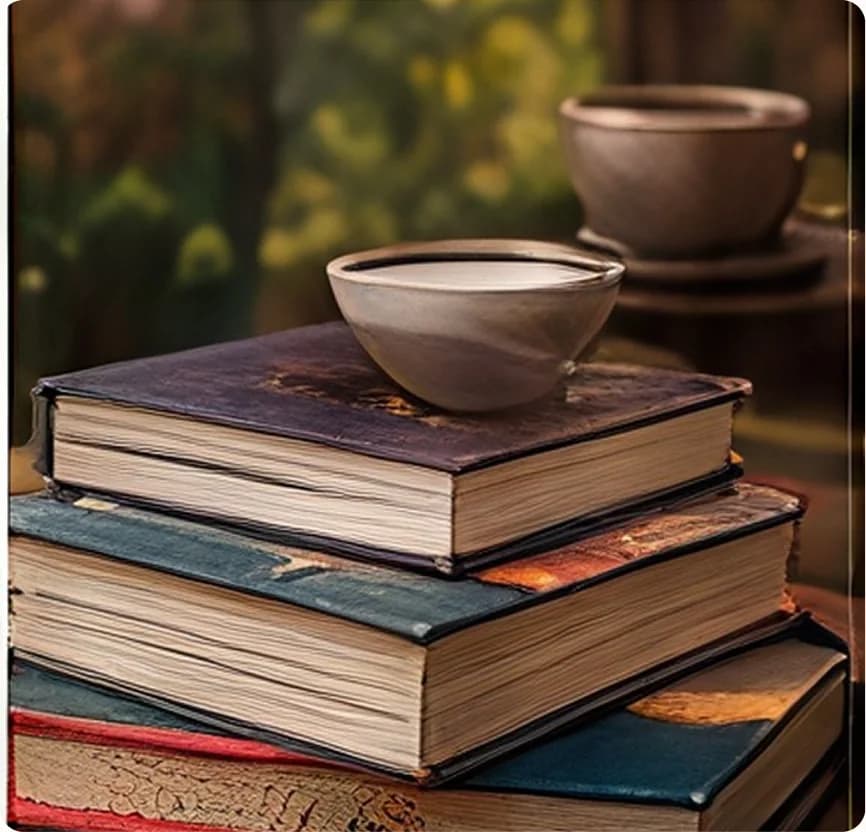 A stack of old books with a cup of tea