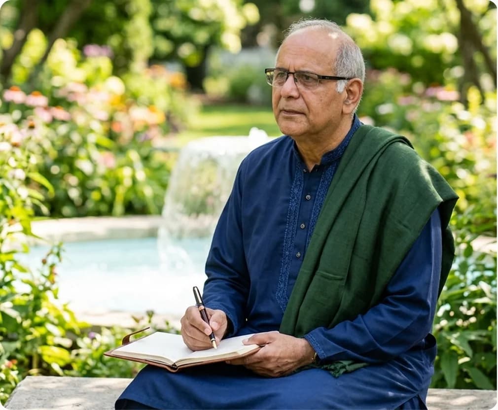 Dr. Zubair writing in a notebook beside a garden fountain
