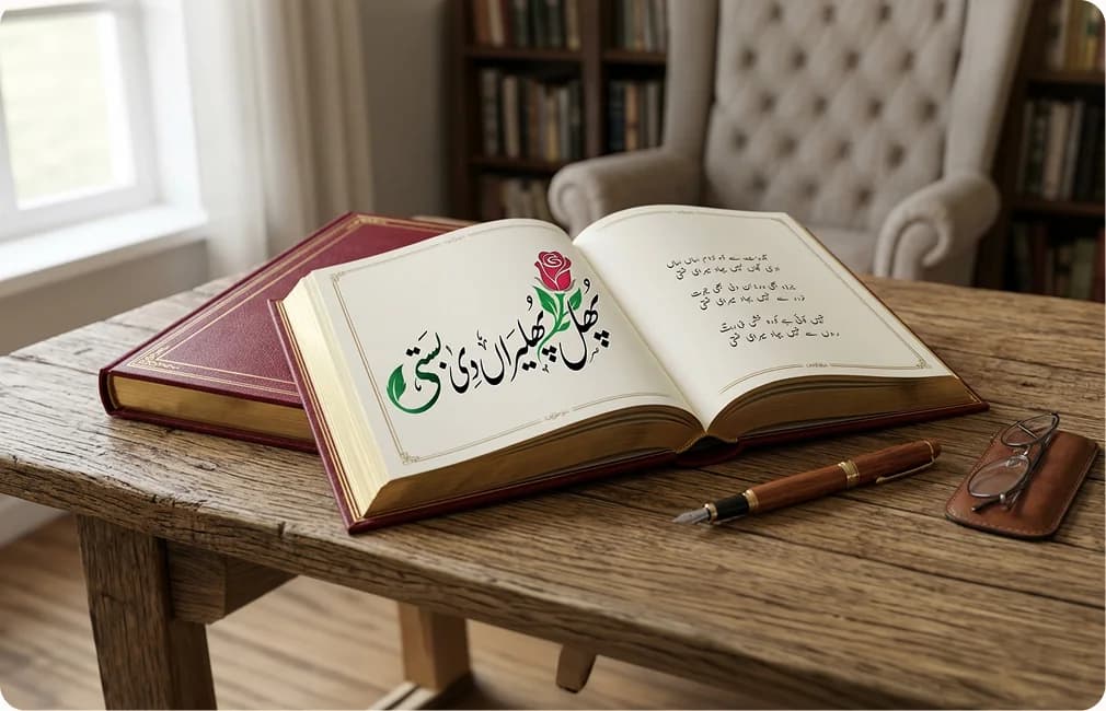 An open book of poetry on a wooden desk