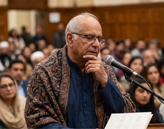 Dr. Zubair reciting poetry at a microphone in front of an audience