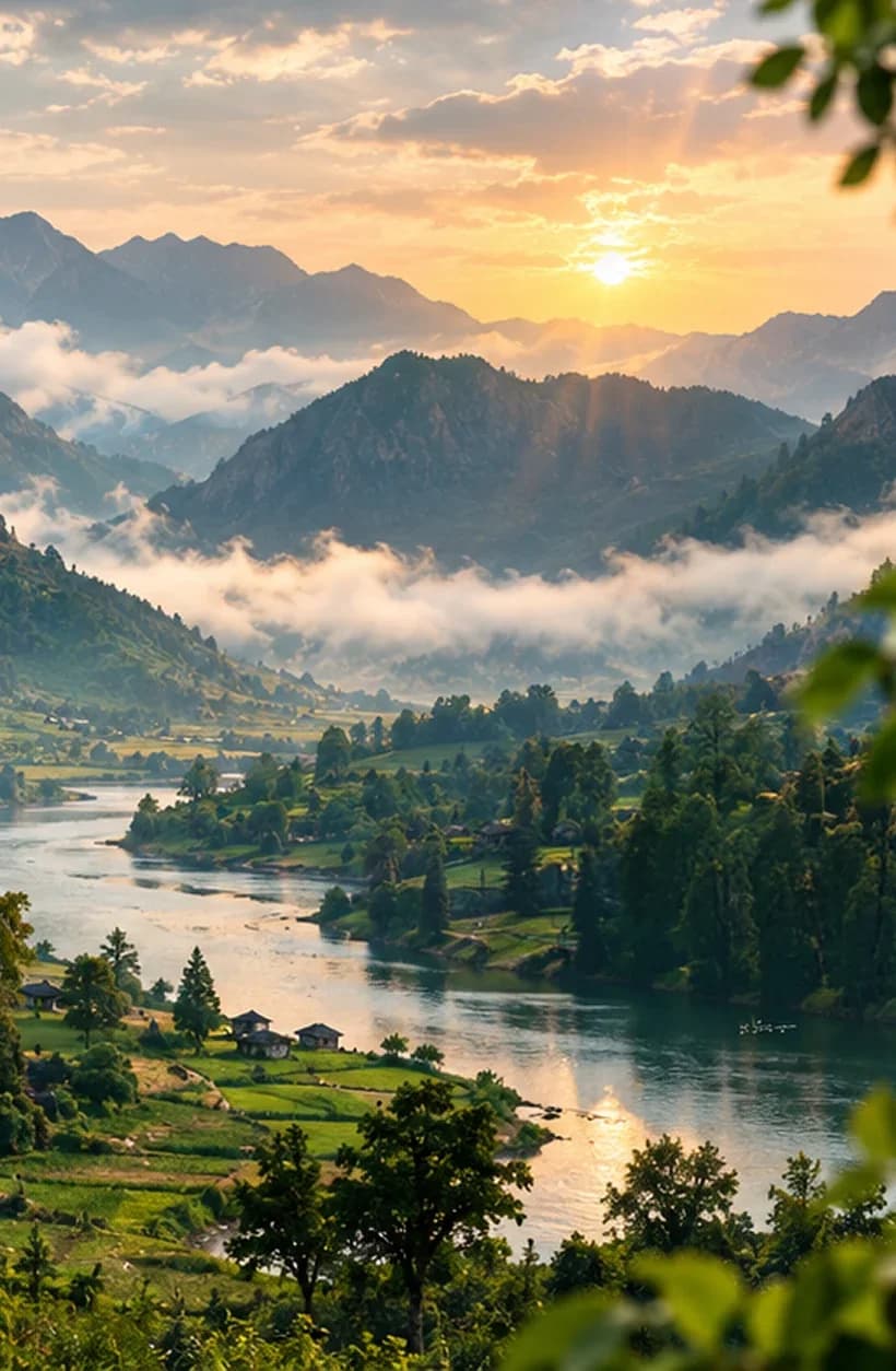Sunrise over misty mountains, a winding river and a green valley village