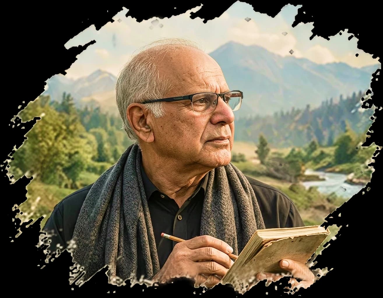 Dr. Zubair holding a notebook and pencil, with mountains and a river behind him