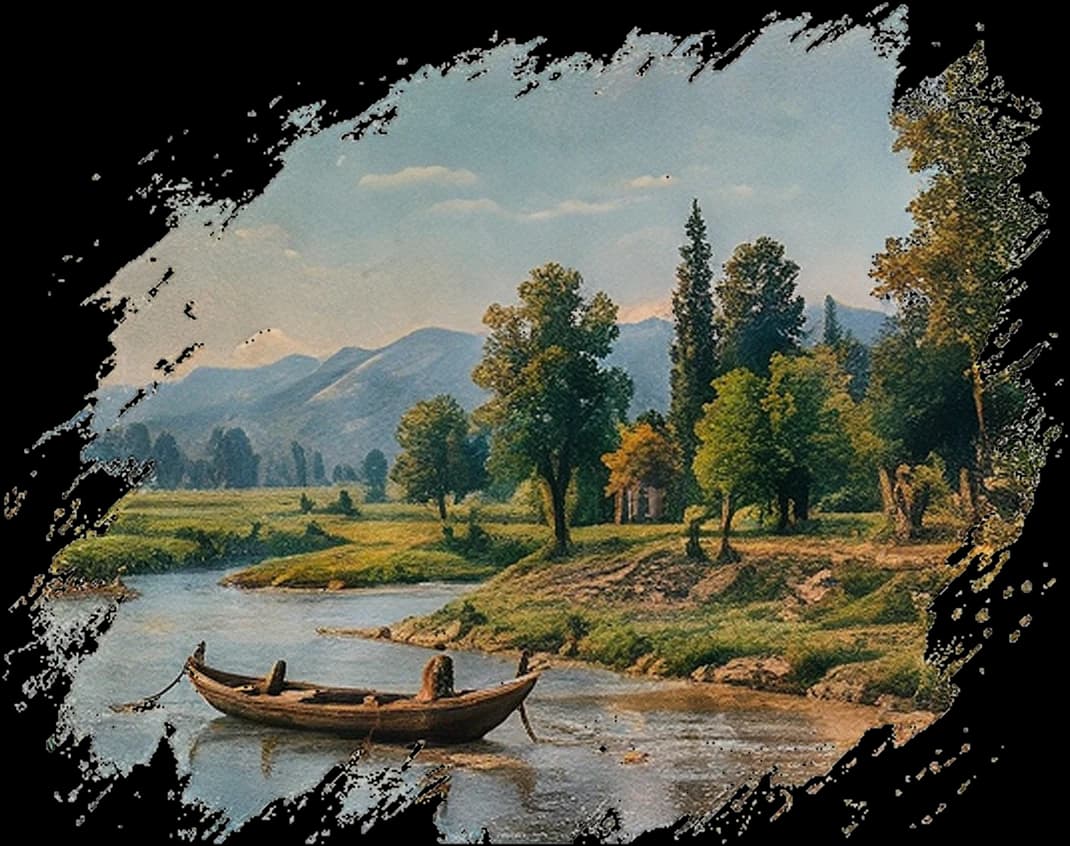 A wooden boat on a river beneath trees and distant mountains