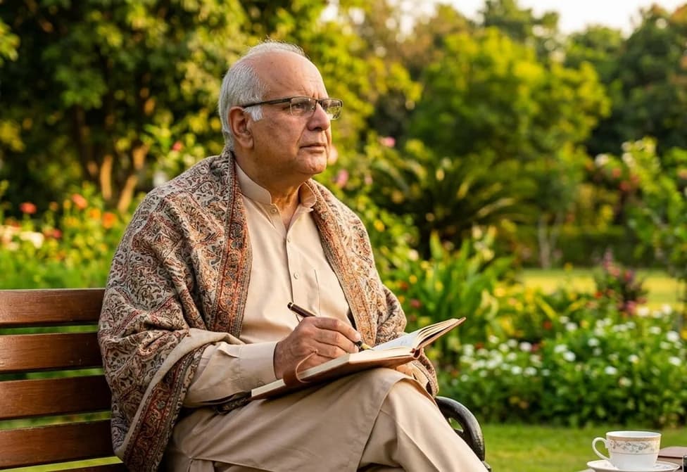 Dr. Zubair writing in a notebook on a garden bench